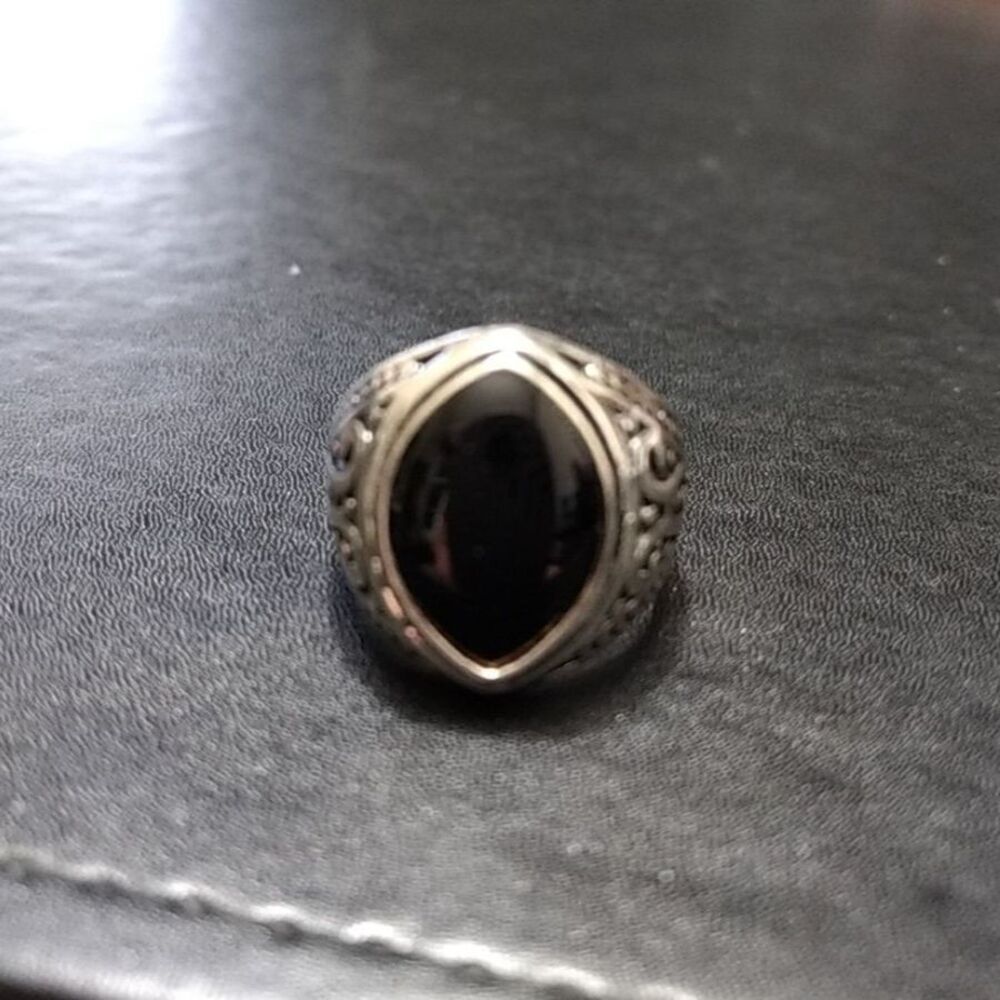Silver tone and black enamel ring size 7